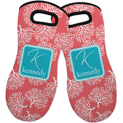 Coral & Teal Neoprene Oven Mitts - Set of 2 w/ Name and Initial