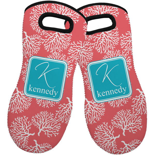 Custom Coral & Teal Neoprene Oven Mitts - Set of 2 w/ Name and Initial