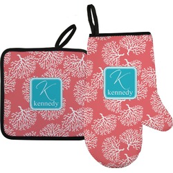 Coral & Teal Oven Mitt & Pot Holder Set w/ Name and Initial