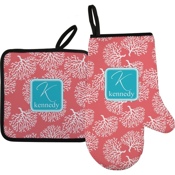 Custom Coral & Teal Right Oven Mitt & Pot Holder Set w/ Name and Initial