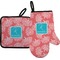 Coral & Teal Right Oven Mitt & Pot Holder Set w/ Name and Initial
