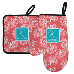 Coral & Teal Left Oven Mitt & Pot Holder Set w/ Name and Initial