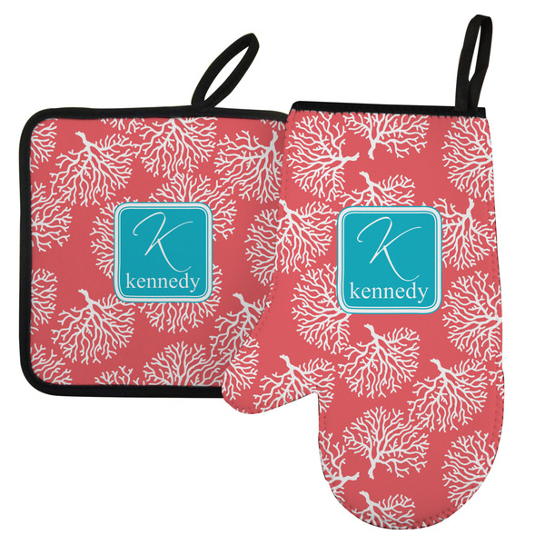 Custom Coral & Teal Left Oven Mitt & Pot Holder Set w/ Name and Initial