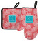 Coral & Teal Left Oven Mitt & Pot Holder Set w/ Name and Initial