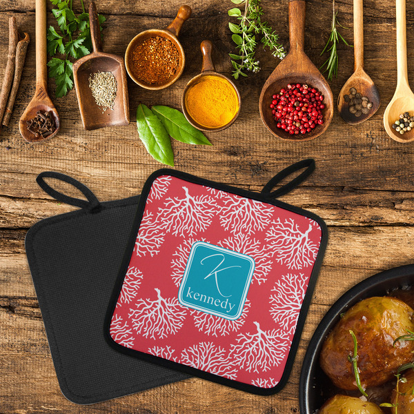 Coral & Teal Neoprene Pot Holder - Set of 2  LIFESTYLE (Flatlay)