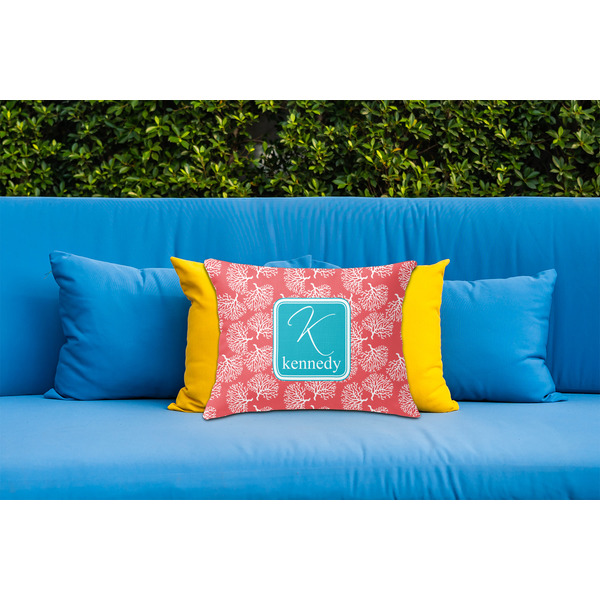 Coral & Teal Outdoor Throw Pillow  - LIFESTYLE (Rectangular - 20x14)