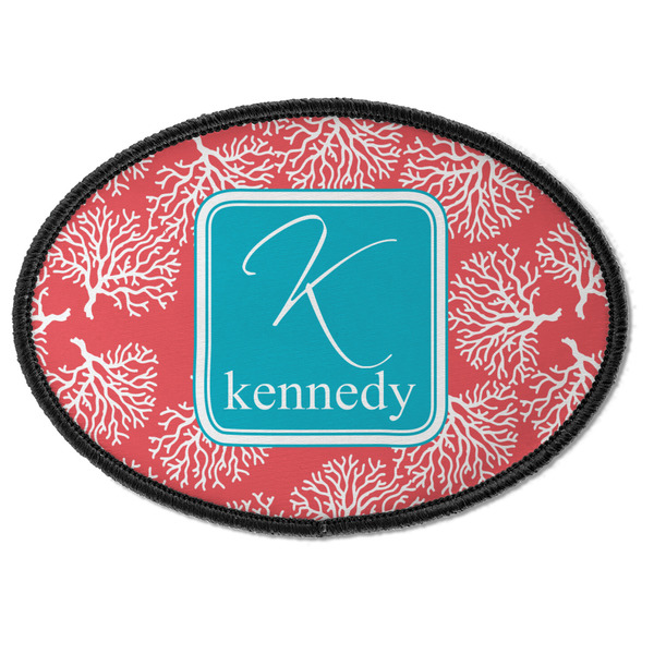 Custom Coral & Teal Iron On Oval Patch w/ Name and Initial