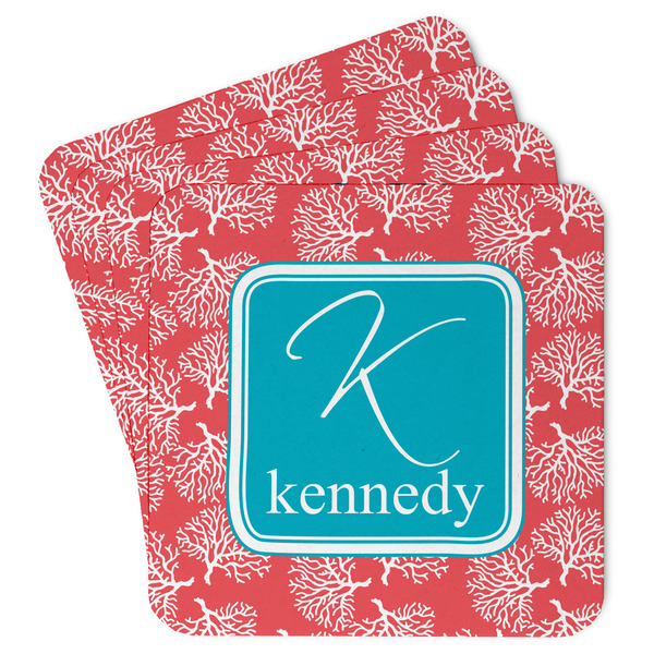 Custom Coral & Teal Paper Coasters w/ Name and Initial