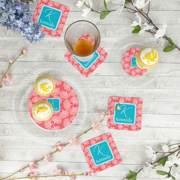 Coral & Teal Paper Coasters - In Context