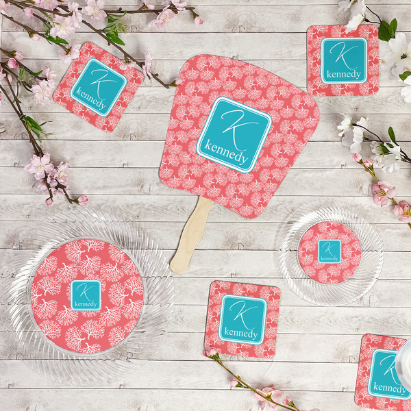 Coral & Teal Party Supplies Combination Image - All items - Plates, Coasters, Fans