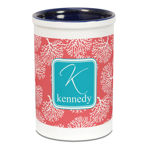 Custom Coral & Teal Ceramic Pencil Holders - Blue