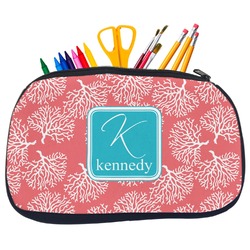 Coral & Teal Neoprene Pencil Case - Medium w/ Name and Initial
