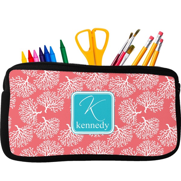 Custom Coral & Teal Neoprene Pencil Case - Small w/ Name and Initial