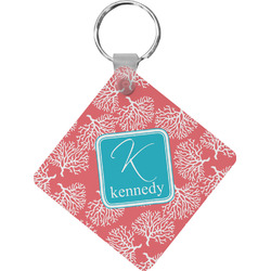 Coral & Teal Diamond Plastic Keychain w/ Name and Initial