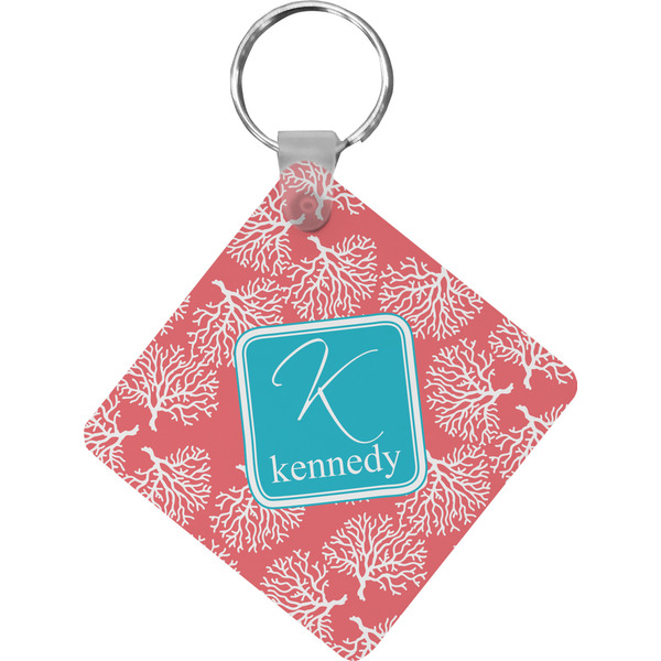 Custom Coral & Teal Diamond Plastic Keychain w/ Name and Initial