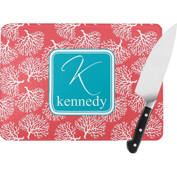 Custom Coral & Teal Rectangular Glass Cutting Board - Large - 15.25"x11.25" w/ Name and Initial