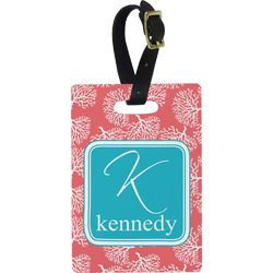 Coral & Teal Plastic Luggage Tag - Rectangular w/ Name and Initial