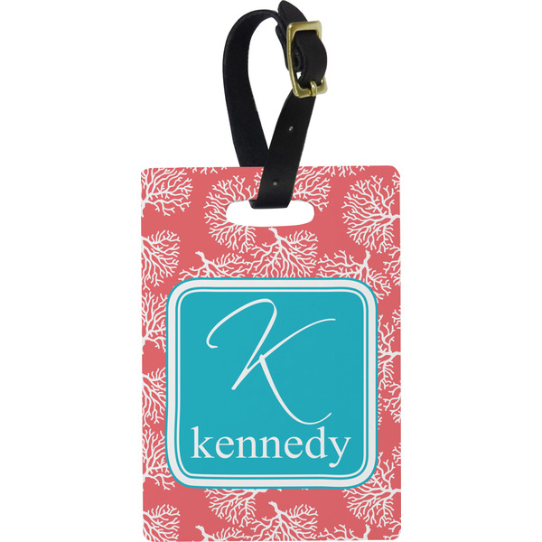 Custom Coral & Teal Plastic Luggage Tag - Rectangular w/ Name and Initial