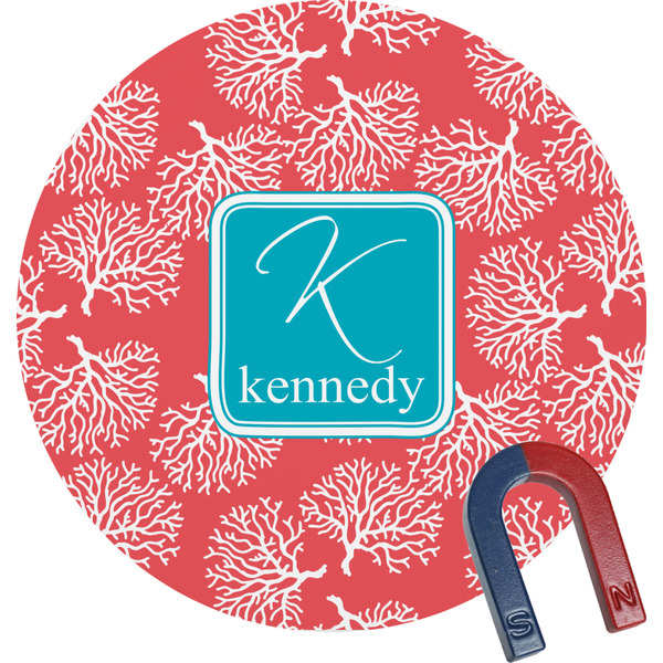Custom Coral & Teal Round Fridge Magnet (Personalized)
