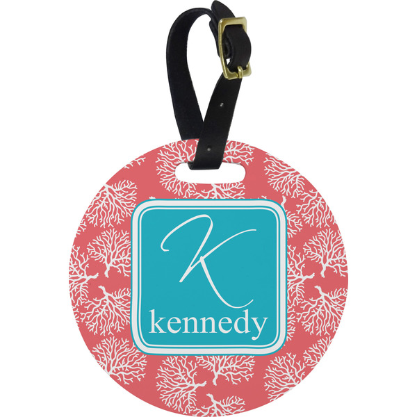 Custom Coral & Teal Plastic Luggage Tag - Round (Personalized)