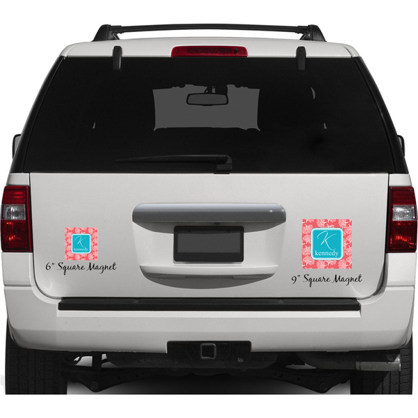 Coral & Teal Personalized Square Car Magnets on Ford Explorer