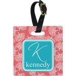 Coral & Teal Plastic Luggage Tag - Square w/ Name and Initial