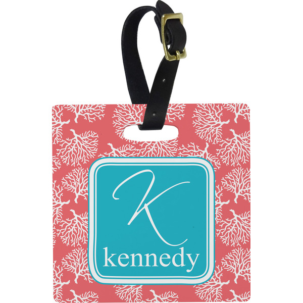 Custom Coral & Teal Plastic Luggage Tag - Square w/ Name and Initial