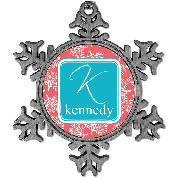 Custom Coral & Teal Vintage Snowflake Ornament (Personalized)