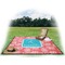 Coral & Teal Picnic Blanket - with Basket Hat and Book - in Use