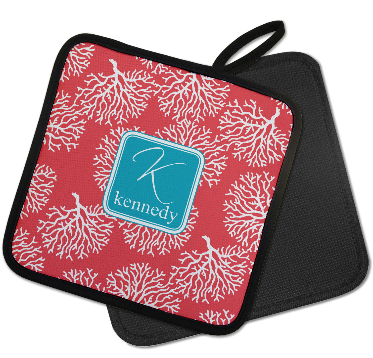 Custom Coral & Teal Pot Holder w/ Name and Initial