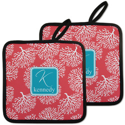 Coral & Teal Pot Holders - Set of 2 w/ Name and Initial