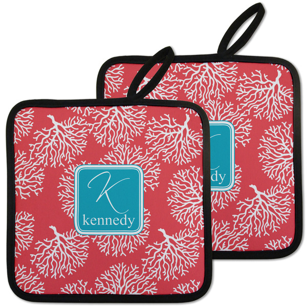 Custom Coral & Teal Pot Holders - Set of 2 w/ Name and Initial