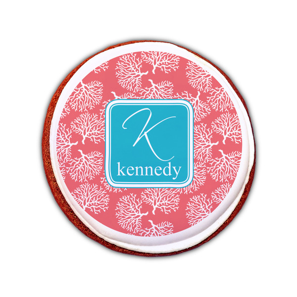 Coral & Teal Printed Icing Circle - Small - On Cookie