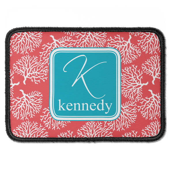 Custom Coral & Teal Iron On Rectangle Patch w/ Name and Initial