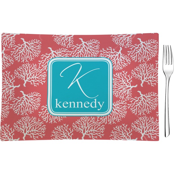 Custom Coral & Teal Rectangular Glass Appetizer / Dessert Plate - Single or Set (Personalized)