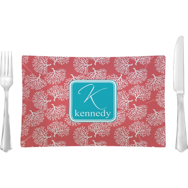 Custom Coral & Teal Rectangular Glass Lunch / Dinner Plate - Single or Set (Personalized)