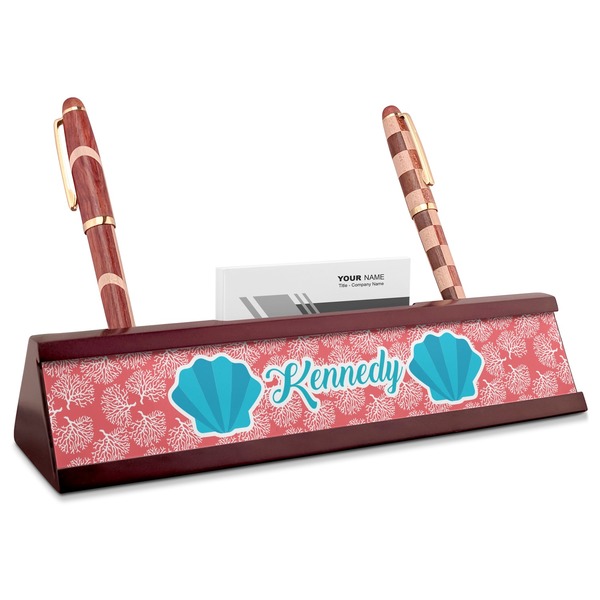 Custom Coral & Teal Red Mahogany Nameplate with Business Card Holder (Personalized)