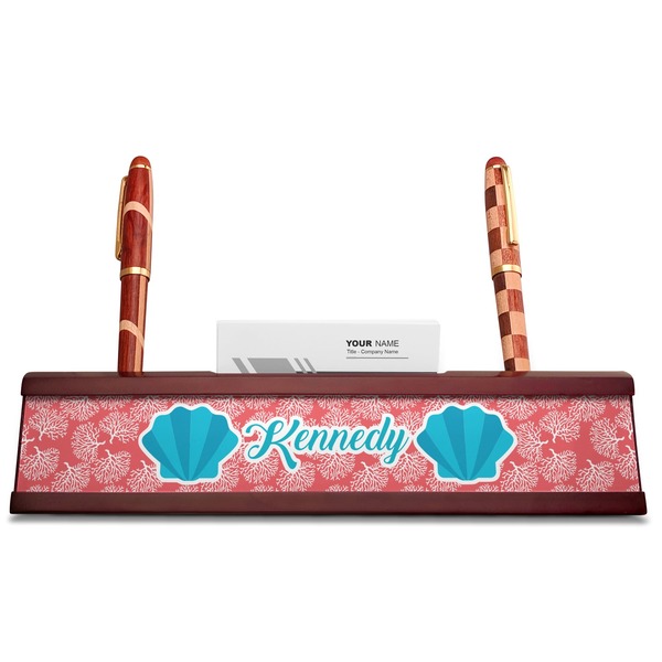 Coral & Teal Red Mahogany Nameplates with Business Card Holder - Straight