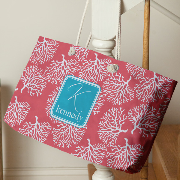 Coral & Teal Large Rope Tote - Life Style