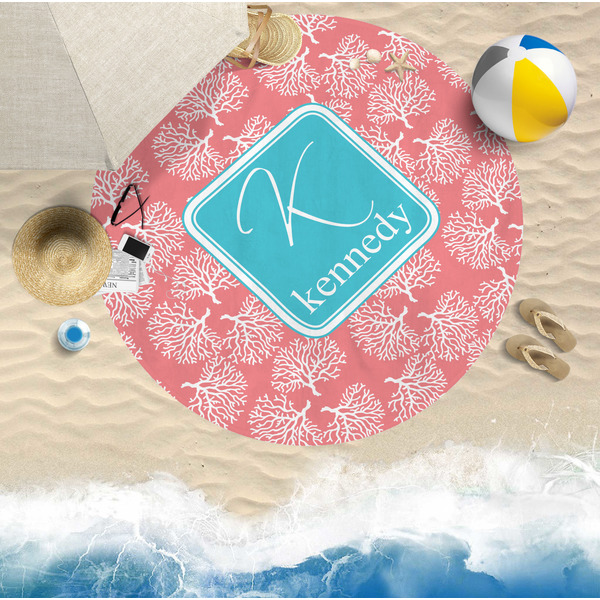 Coral & Teal Round Beach Towel Lifestyle