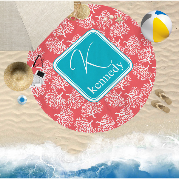 Coral & Teal Round Beach Towel Lifestyle