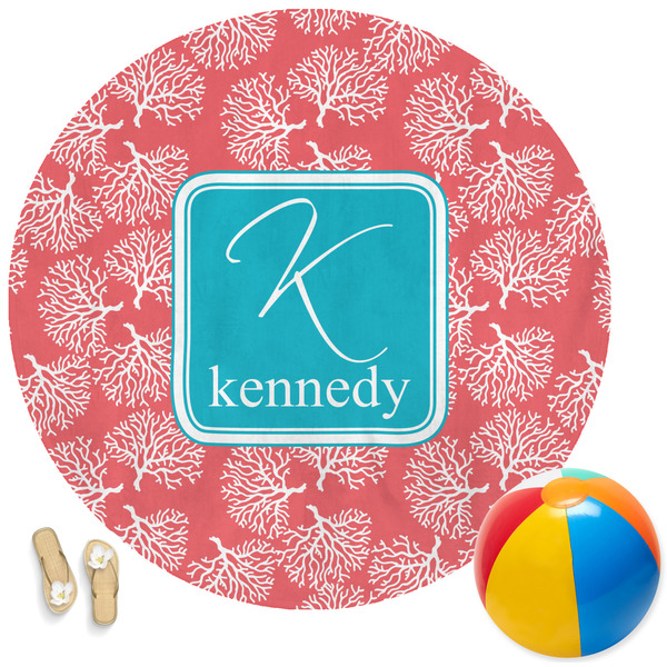 Custom Coral & Teal Round Beach Towel (Personalized)