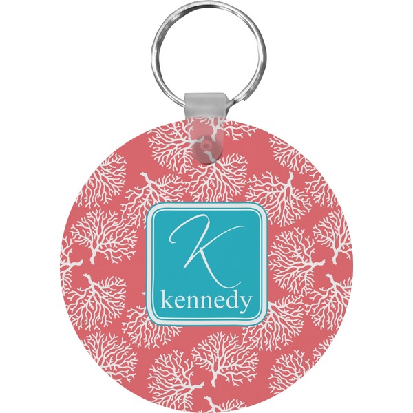 Custom Coral & Teal Round Plastic Keychain (Personalized)