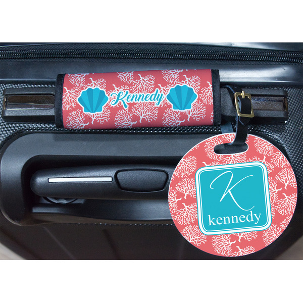 Coral & Teal Round Luggage Tag & Handle Wrap - In Context