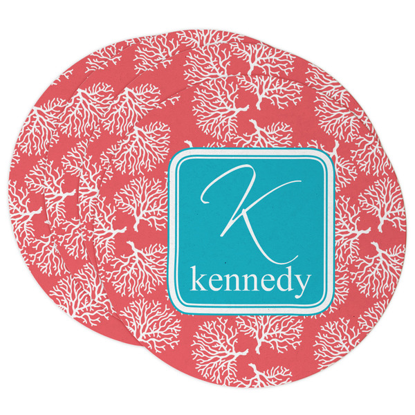 Custom Coral & Teal Round Paper Coasters w/ Name and Initial