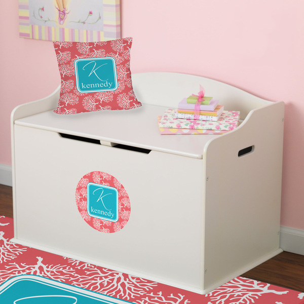 Coral & Teal Round Wall Decal on Toy Chest