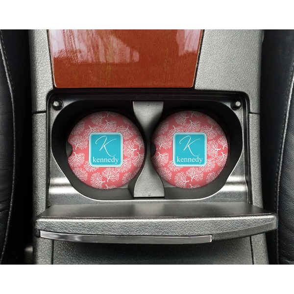Coral & Teal Sandstone Car Coaster - In Cup Holder
