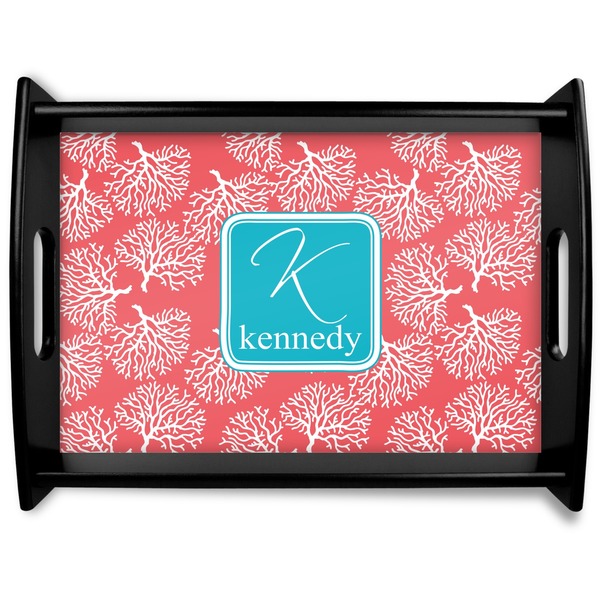 Custom Coral & Teal Black Wooden Tray - Large (Personalized)