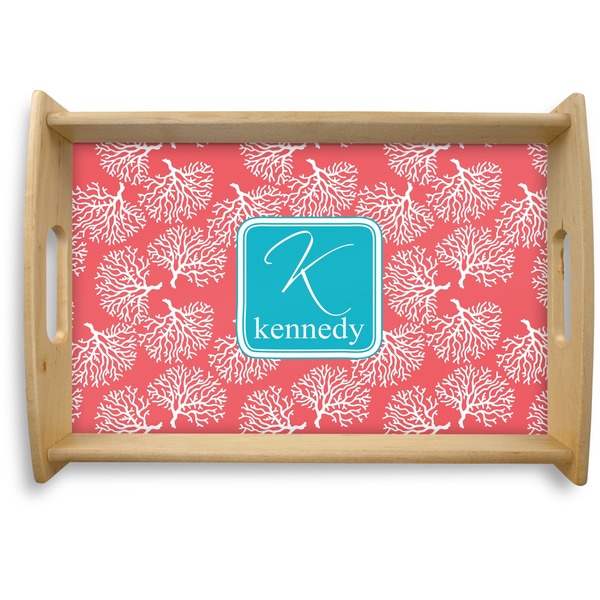 Custom Coral & Teal Natural Wooden Tray - Small (Personalized)