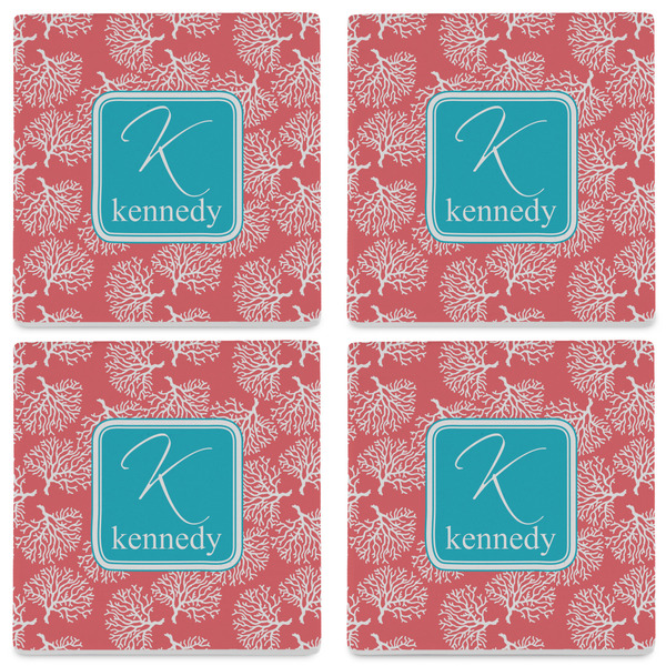 Coral & Teal Set of 4 Sandstone Coasters - See All 4 View